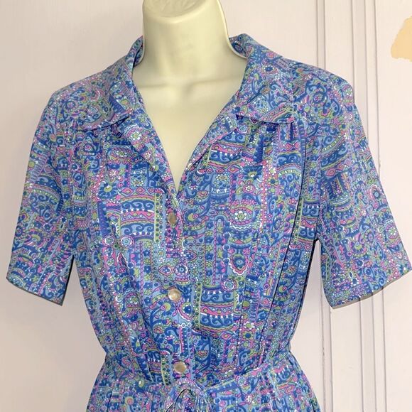 Vintage 60s Shelton Strollers Blue, Pink, Green & White Short Sleeve Dress - Picture 3 of 8